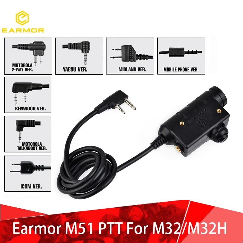 OPSMEN Earmor Military M51 PTT Tactical Push To Talk For M32/M32H Headset For Kenwood/ICOM Radio Softair Headphone Adapter