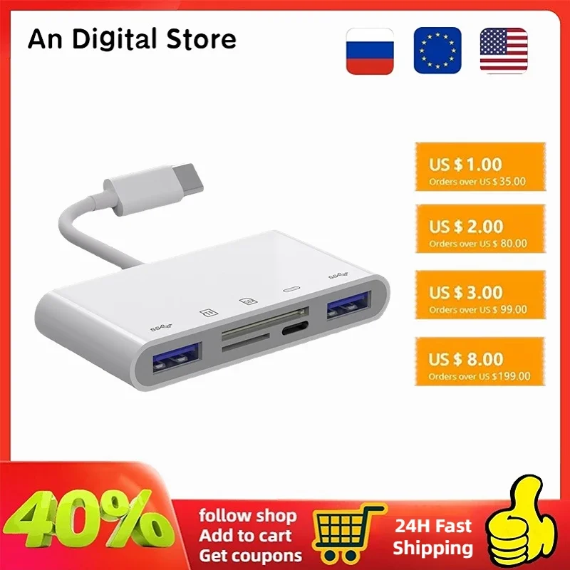 3 Heads USB Adapter 5 In 1 TypeC Android IOS Flash Drive SD/TF Card Reader Adapter for Laptop Xiaomi Samsung