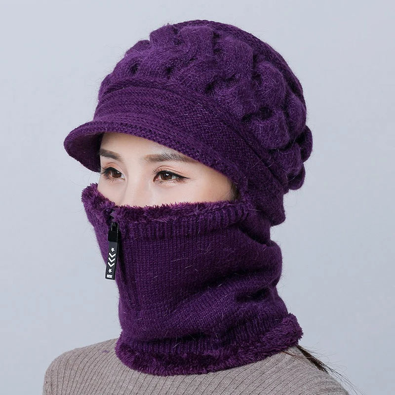 Frauen Gestrickte Schal Maske Hut Set Winter Warme Beanie Hut Elastische Weiche Gestrickte Gehörschutz Winddicht Schnee Ski Cap Einteilige hut – Detail 12