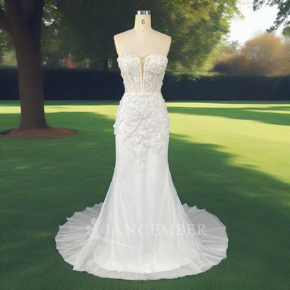 

Elegant Sleeveless Lace Wedding Dress Mermaid Floor Length Strapless Bridal Open Back Zipper Gowns Customized vestido de novia