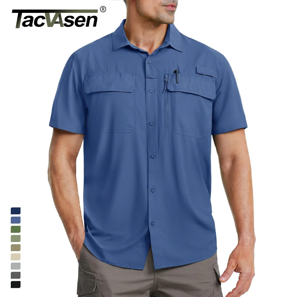 TACVASEN Quick Dry Short Sleeve Shirts Men's UPF 50+ Sun Protection Work Cargo Shirts Mesh Breathable Hiking Fishing Shirts Man