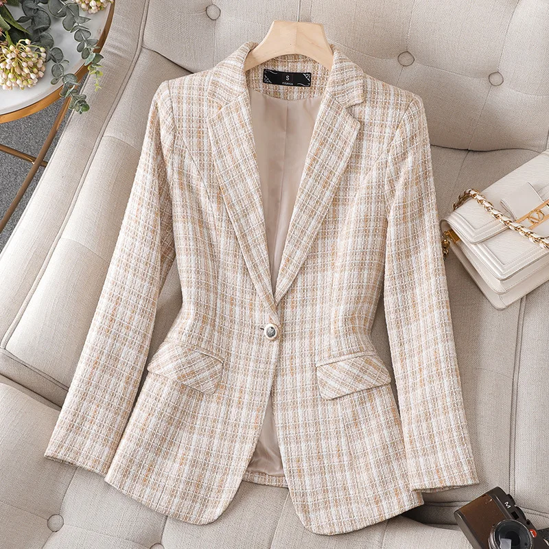 New Office Ladies Blazer Formal Jacket Women Long Sleeve Blue Apricot Plaid Woolen Blazers Female Business Work Coat Outerwear