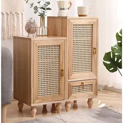 Solid Wood Rattan Woven Storage Cabinet,Modern Bedside Table,Multi-functional Sofa Cabinet, Bedroom with Drawers, Home Furniture