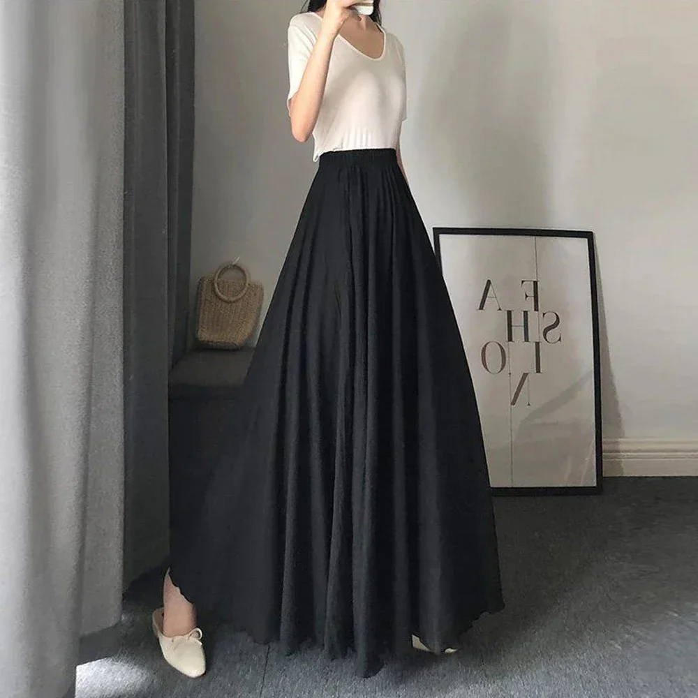 Black White 8 Colors Elegant Midi Skirt Women Loose A-line Cotton Linen Pleated Long Skirts Girl Wave Sun Skirt Dance Skirts