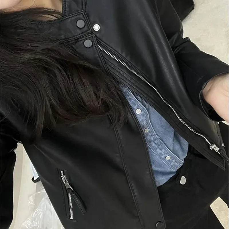 Chaqueta de cuero PU con cuello redondo de alta calidad para mujer, prendas de vestir nuevas para primavera y otoño, abrigo corto de moda, abrigo de cuero para motocicleta para mujer