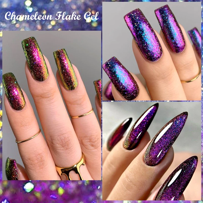 8ml  Chameleon Flake Gel Nail Polish Blue-Purple Purple-Gold Sparkle Color Shifting Semi Permanent UV LED Nail Art Varnish