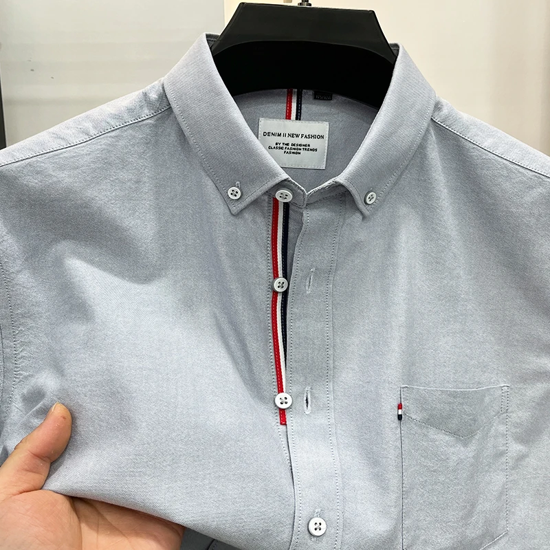 

100Cotton Luxury Quality Men's Lapel Shirt Breathable Solid Color Ribbon Collar Short Sleeve Summer Business Exquisite Menswear