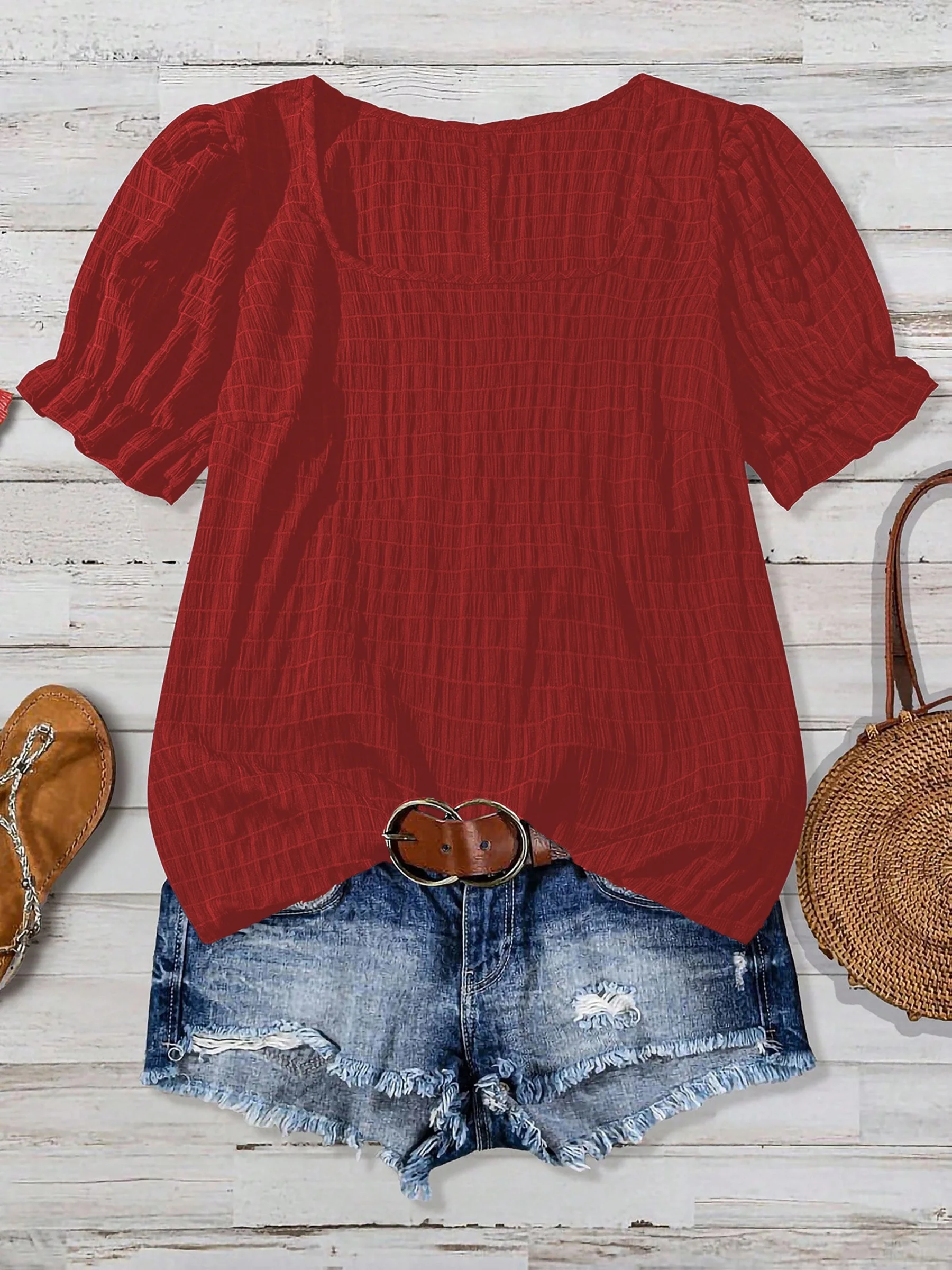 Elegantes Plus-Size-Oberteil für Damen mit eckigem Ausschnitt und Puffärmeln für einen schicken Casual-Stil. – Detail 8