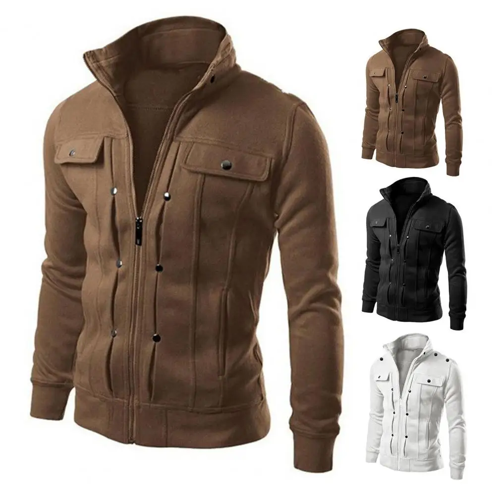 Men Outerwear Stylish Men\'s Spring Outerwear with Stand Collar Zipper Closure Casual Jacket for Autumn Solid Color Long for Men