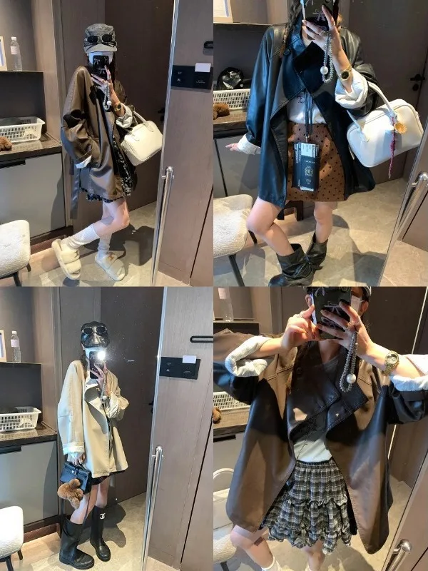 سترة من جلد البولي يوريثان عالية nce مع حزام وياقة واقفة وخصر حزام طويل للنساء الشابات في الخريف #2