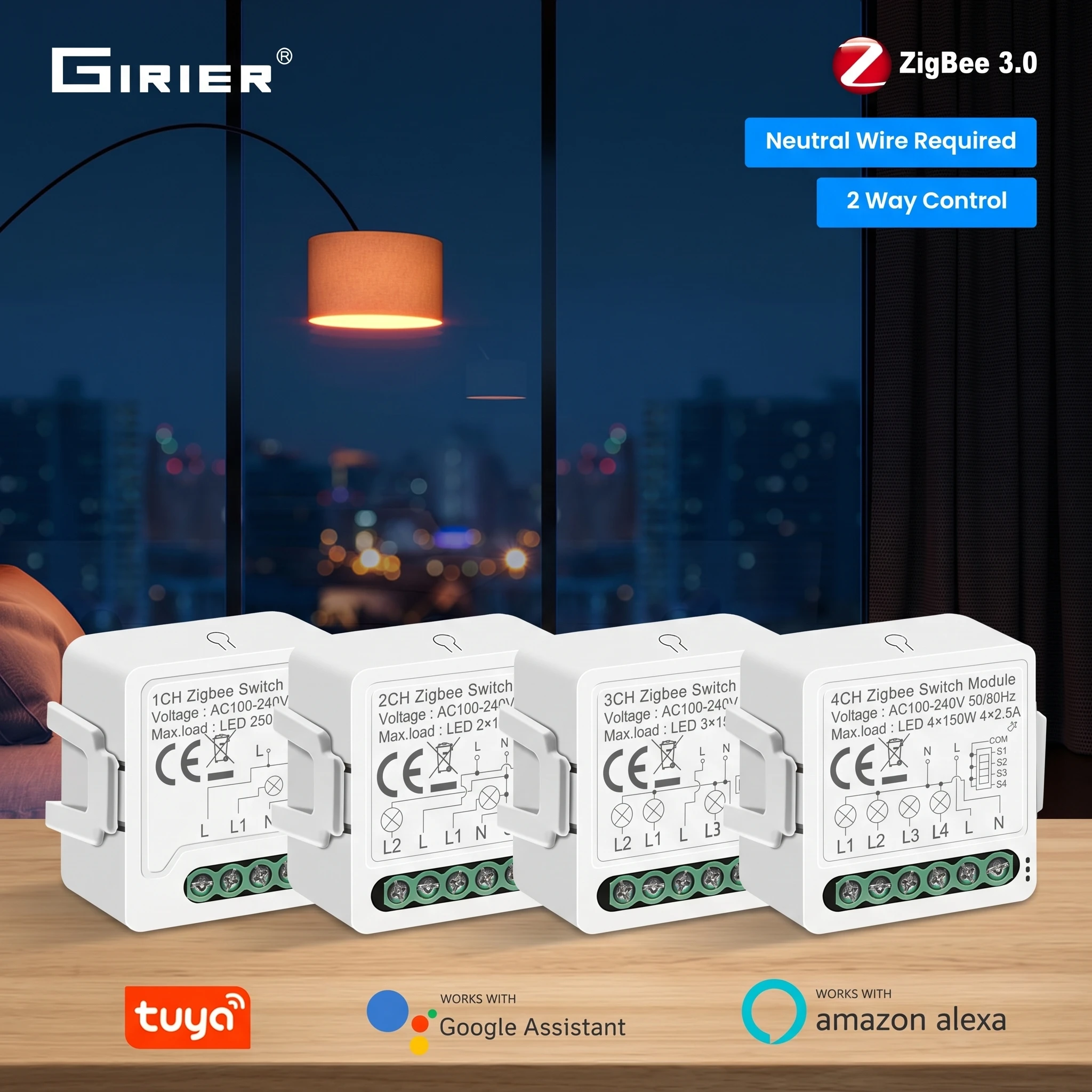 

GIRIER Smart ZigBee Switch Module Neutral Wire Required 1/2/3/4CH Breaker Relay Supports 2-way Control Work Tuya Smart Alexa APP