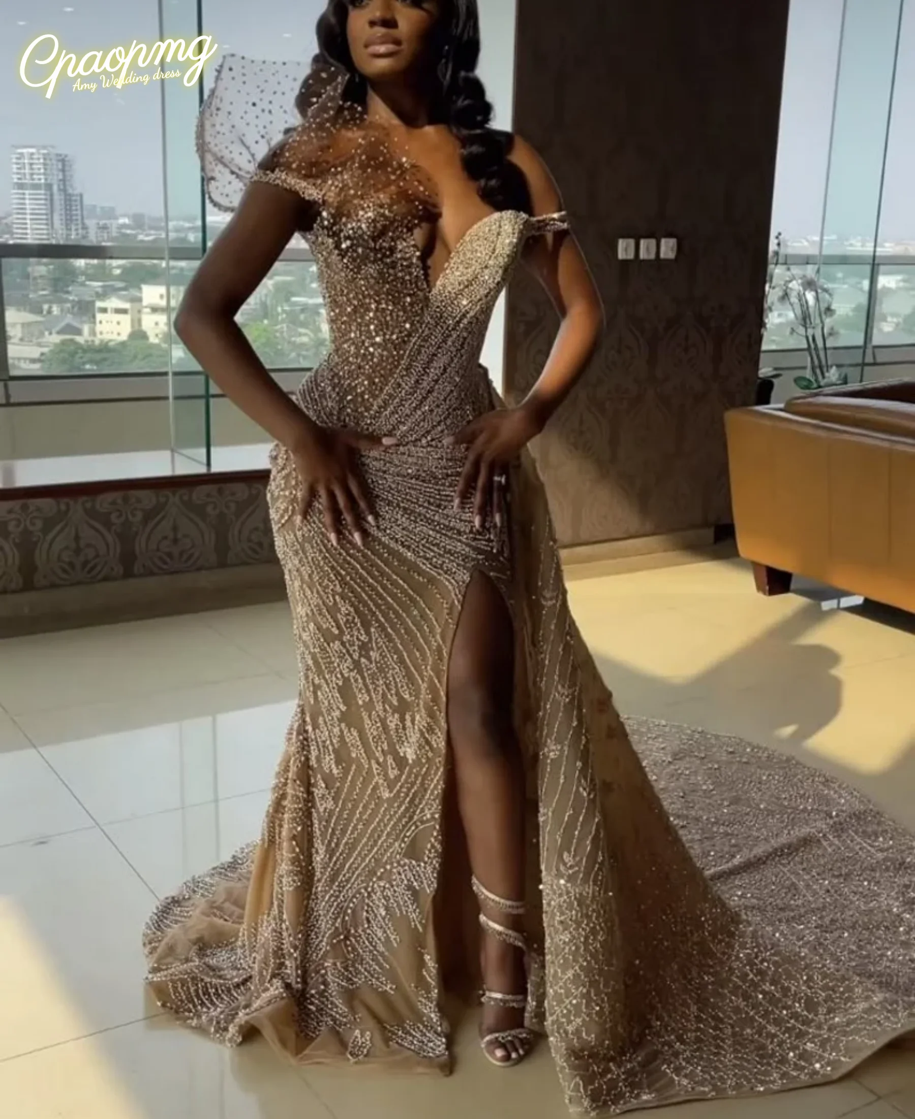 

Customized Elegant Sequin Evening Dresses African Girls High Split V-Neck Crystal Beaded Long Mermaid Prom Gowns robes de soirée