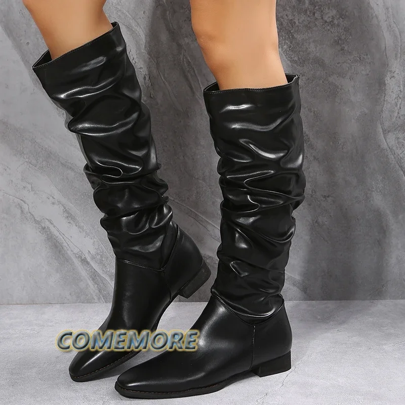 Buty dla kobiet jesień wiosna buty do kolan czerwony czarny biały wysokie buty kobiety plisowane na niskim obcasie Casual skórzane długie buty