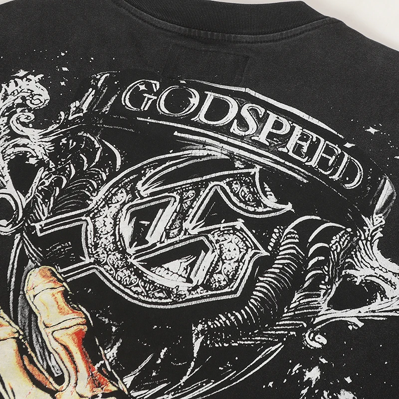 Amerikaanse streetwear Godspeed skelet racer print met lange mouwen gewassen doen oude losse casual heren dames T-shirt met lange mouwen