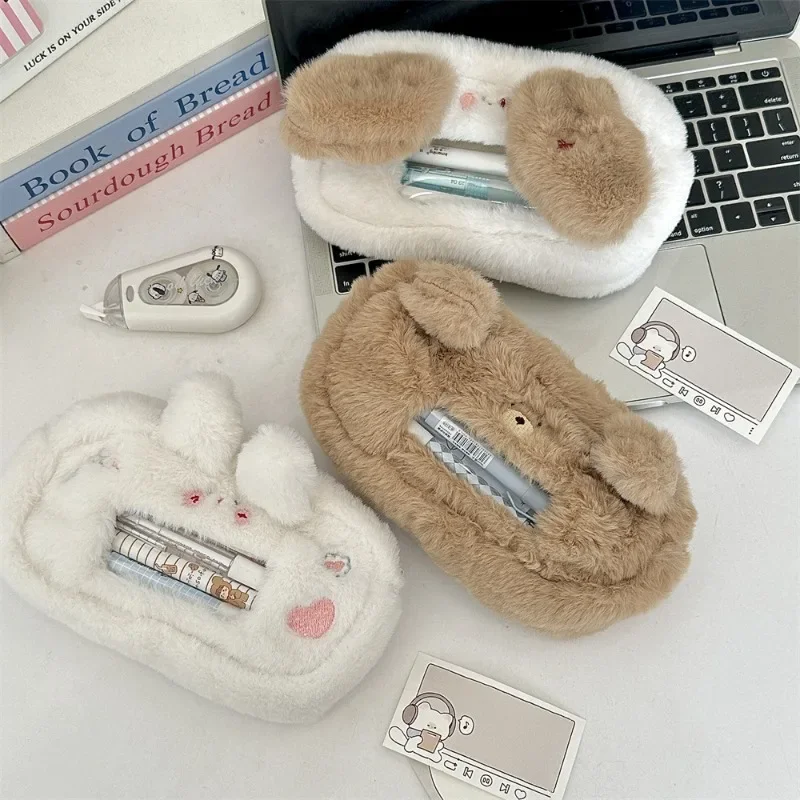 1 Piece Kawaii Furry Pencil Case for Kids Plush Cartoon Animal Kitten Bear Stationery Organizer Portable Large Capacity Pen Bag