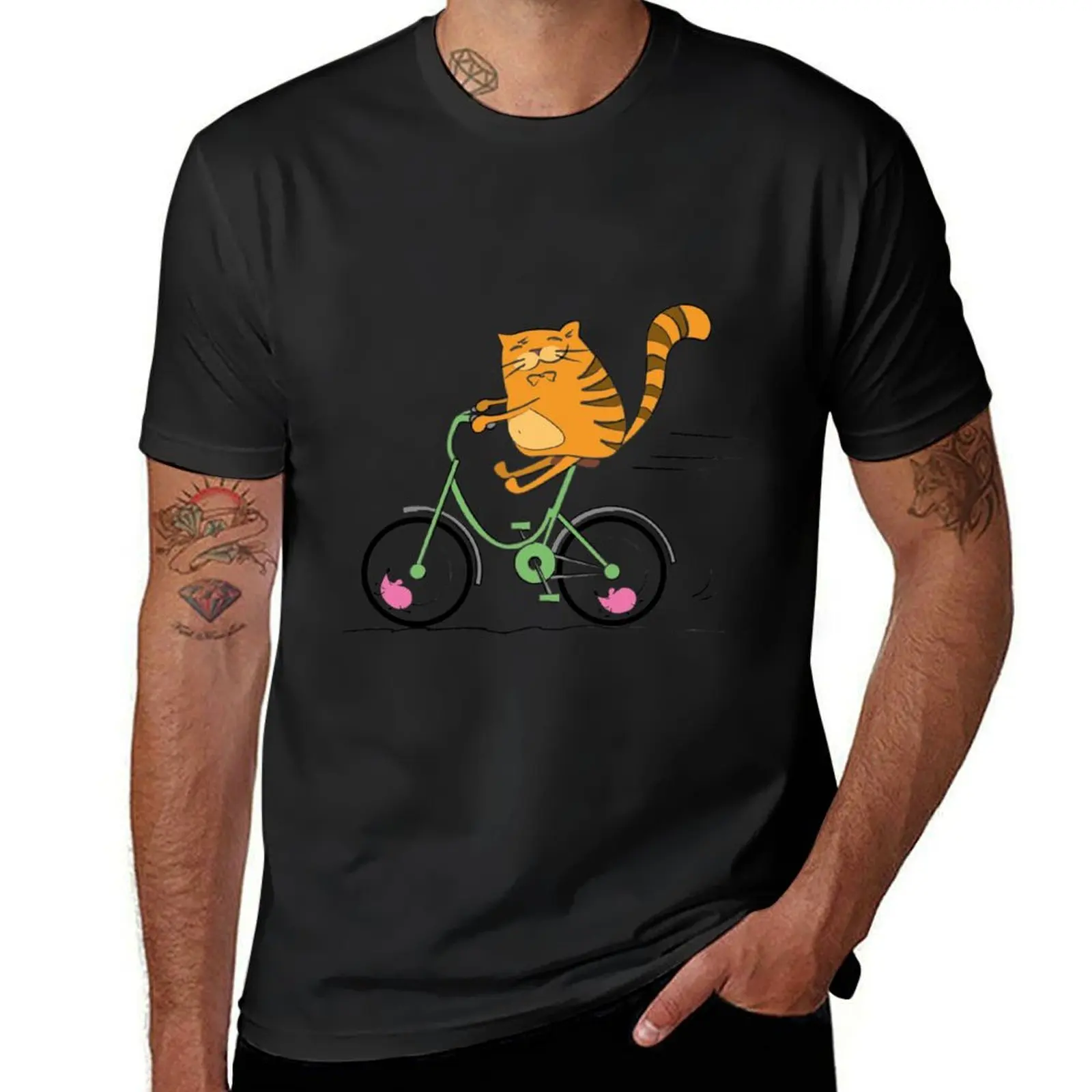 Camiseta divertida de gato en bicicleta y ratón para hombre, camisa vintage de algodón con estampado de animales, Verano