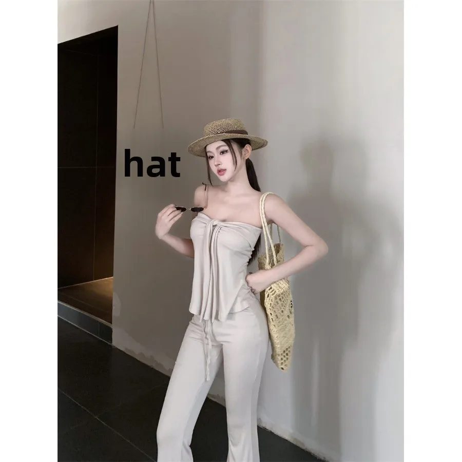 

Kumikumi Summer Casual Two-Piece Set Women's High Waist Drawstring Strapless Vest And Pants Outfit Short Sleeve High Waist