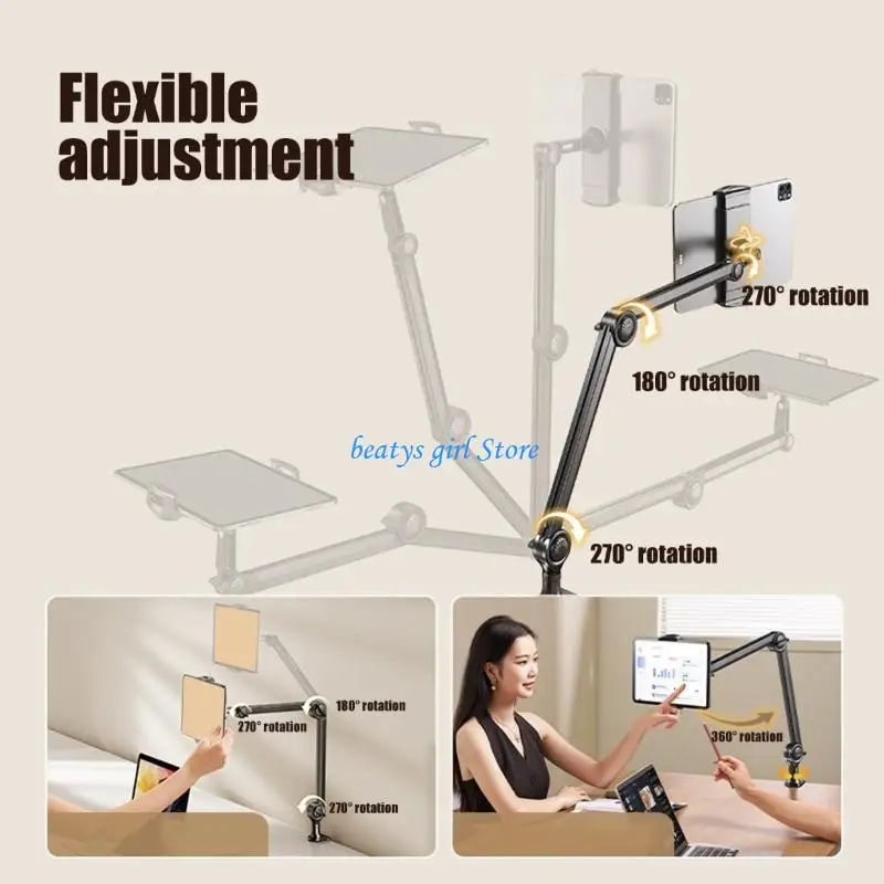 C7AB Overhead Phone Tablets Stand for Desk, Adjustable Clamp Arm Mount for 4.6 to 13Inch Devices in Aluminum Alloys, Black for