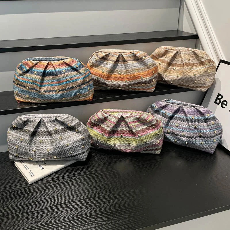 Retro Colorful Stripe Straw Woven Evening Clutch Elegant Bohemian Pleated Handbag Fashionable Exquisite Party Dinner Bag