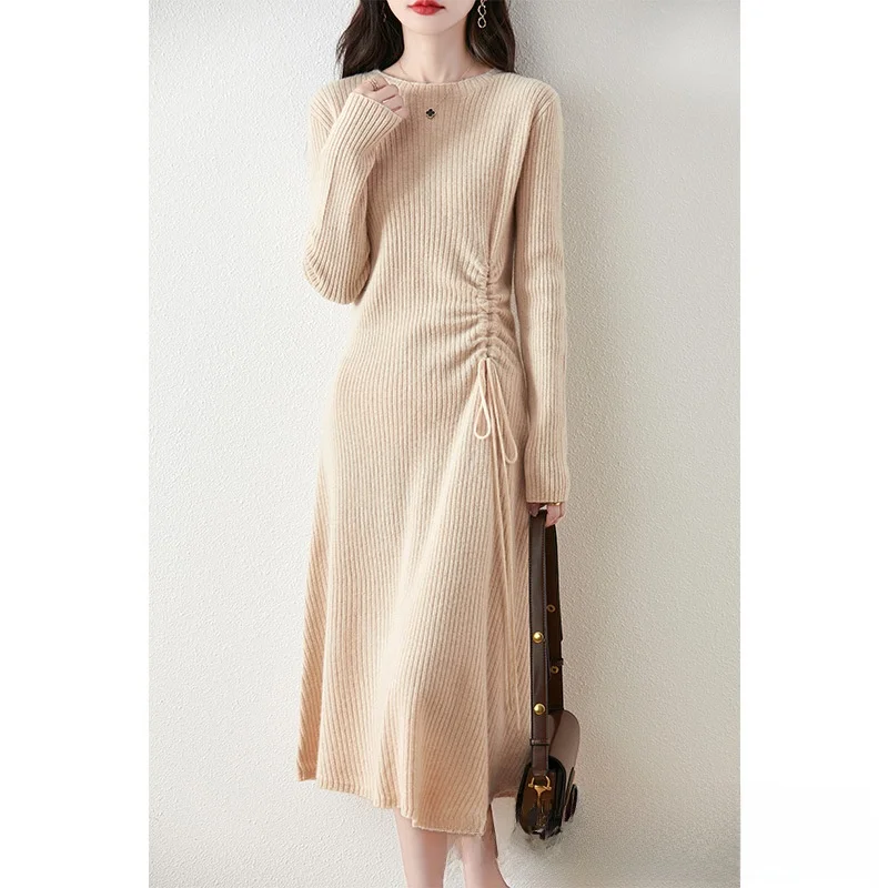 

Long Dress Slimming Effect A- Line Knitted Autumn Winter New Style Women's Wool Dress round Neck Drawstring Pleated Cashmere