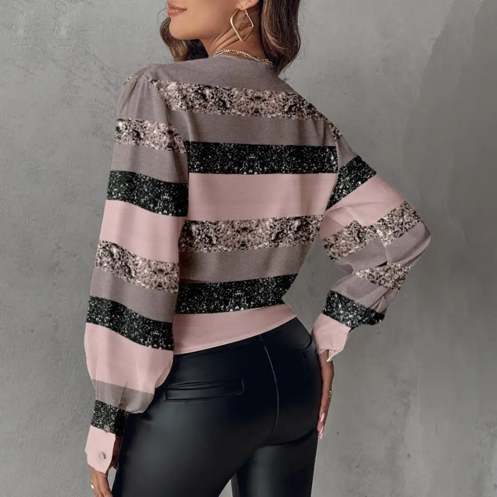 Long-sleeve Shirt Plaid Striped Print V-neck Long Sleeve Tops for Women Streetwear Blouse with Hollow Detailing Cotton Work