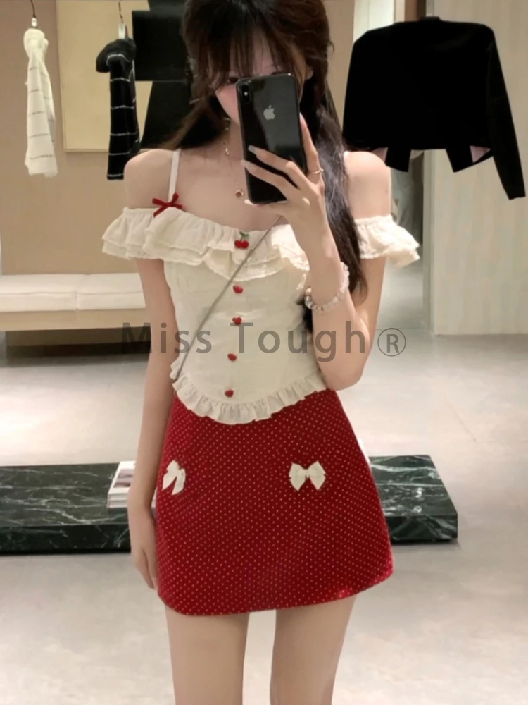 Sweet Elegant Slim Off Shoulder 2 Piece Set Women Summer Design Solid Thin Sleeveless Ruffle Tops Female + High Waist Skirt New