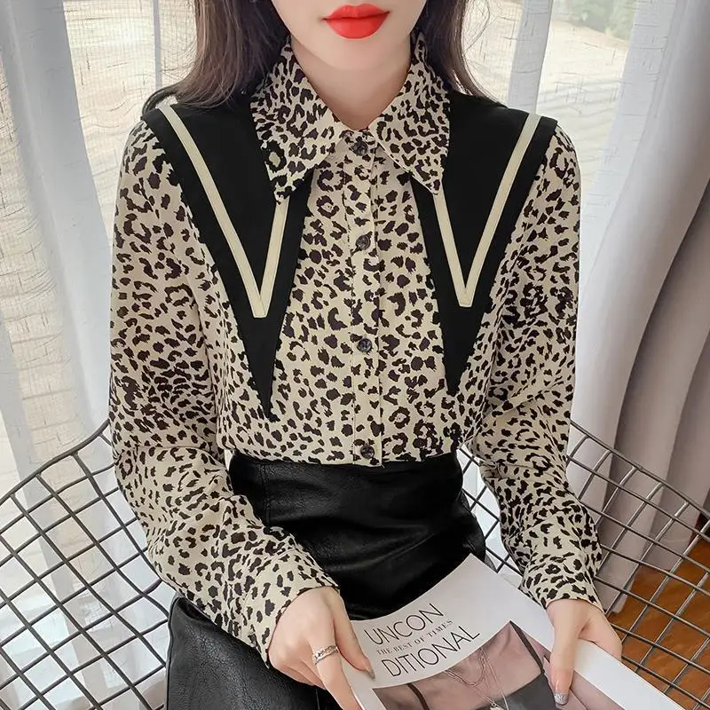 Autumn New Fashion Leopard Turn-down Collar Long Sleeve Blouse Ladies Temperament Buttons Patchwork Shirts Women Clothing Tops