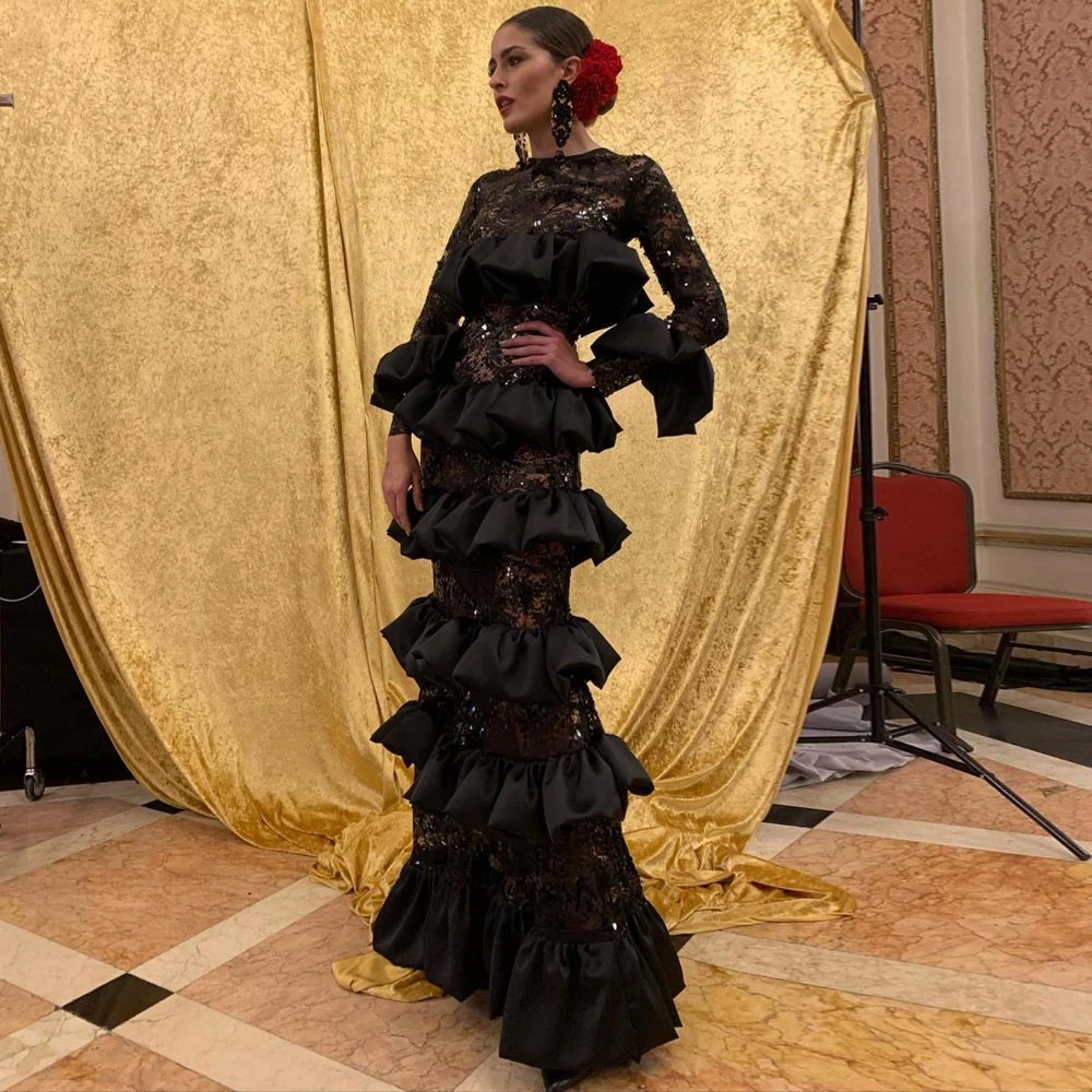 

Fairy Black Long Sleeve Lace Dress O-neck Ruffled Satin Woman Clothes Ever Pretty Floor Length Evening Dresses Custom Made