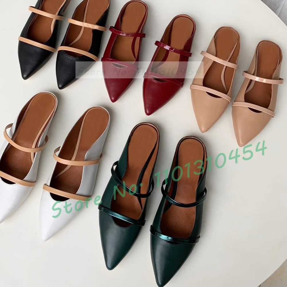 Nude Leather Flats Slippers Women Pointed Toe Shoes With Double Straps Summer Party Mule-inspired Open Back Silhouette Slipper