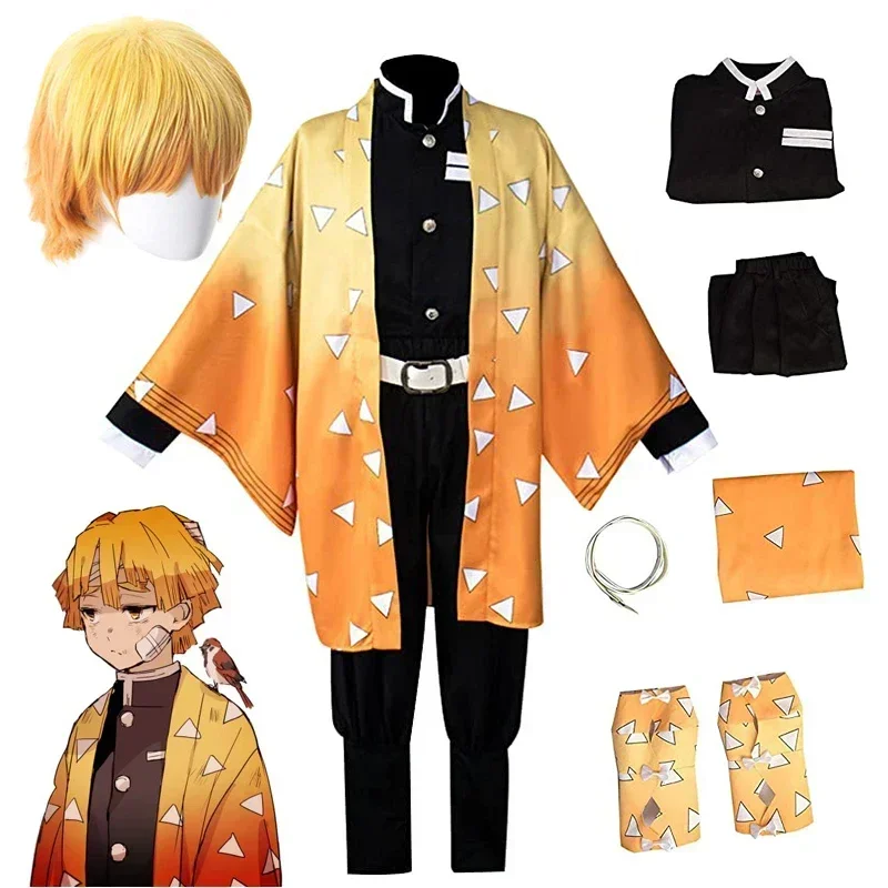 Demon Slayer Kimetsu No Yaiba Anime Cosplay Traje, Kimono Agatsuma Zenitsu Uniforme, Halloween Party Costumes, Adulto e Infantil