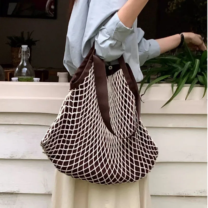 

Handwoven Casual Woman Shopping Tote Bag Nylon Solid Color Lightweight Shoulder Purse For Female Foldable Ladies Bag