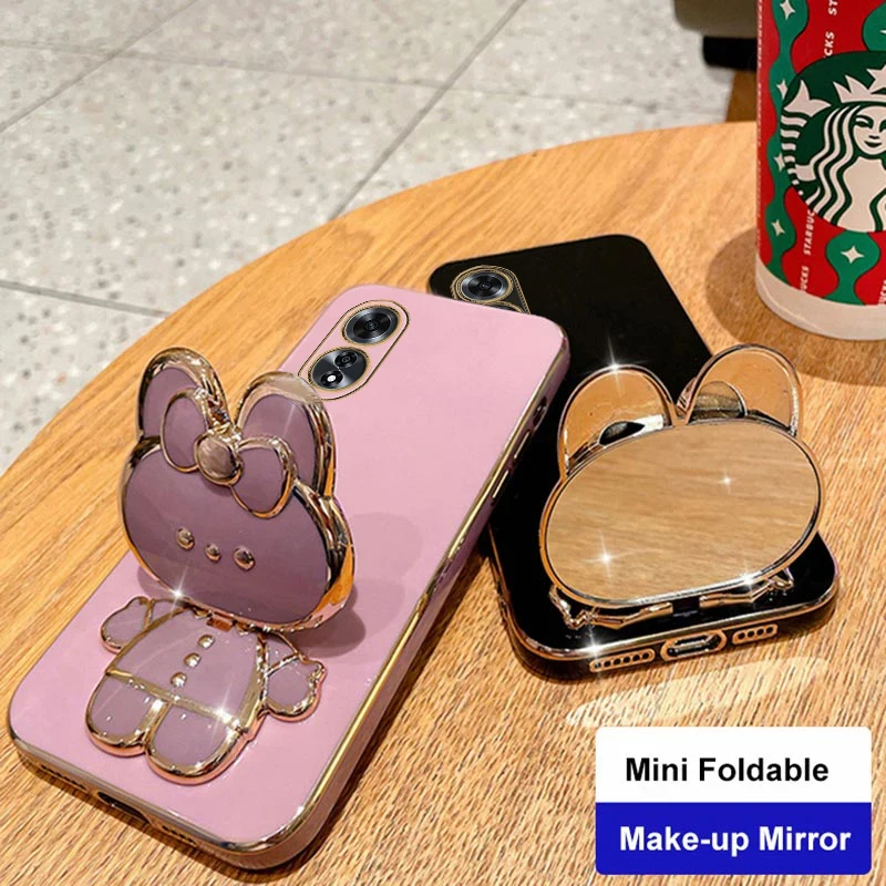 Makeup Mirror Cute Rabbit Phone Holder Case On For Oppo A60 OppoA60 A 60 Girl Woman Used Back Cover