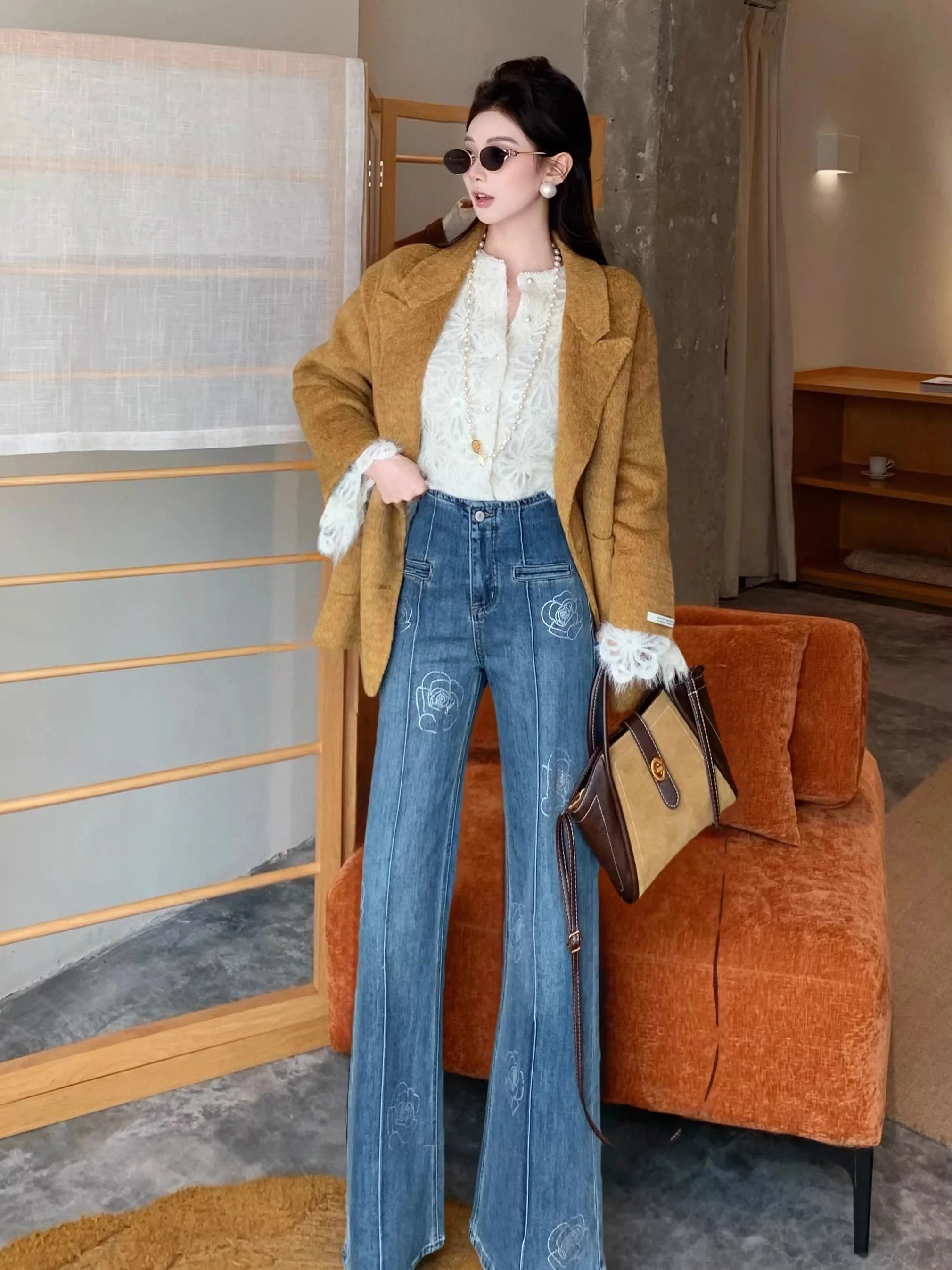 

Модные повседневные джинсы Sense, НОВЫЕ эластичные женские джинсы DADADA с розовым узором, хлопковые женские джинсы с цветочной вышивкой и растениями