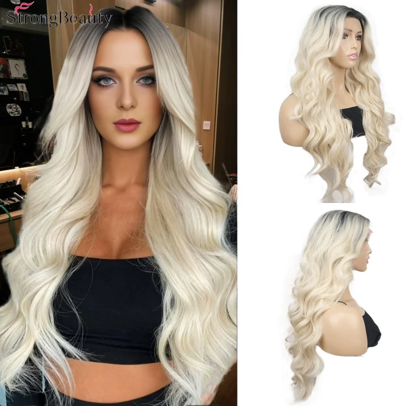 

StrongBeauty 28Inch White Lace Front Wigs Ombre Blonde Wavy Wig Middle Part Wigs Women 13x4 Synthetic Wigs with Dark Roots