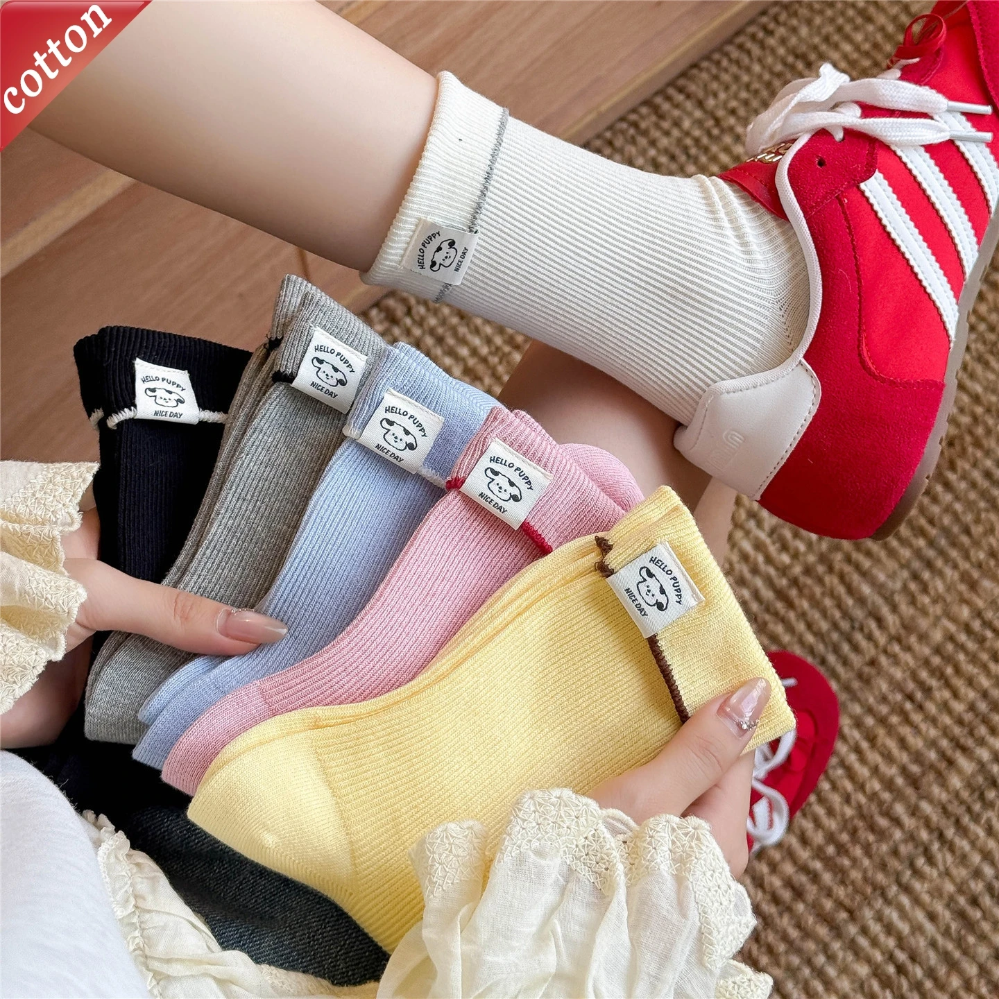 Ladies' Socks Korean Cartoon Kawaii High Quality Breathable Cotton Socks For Girl Solid Color Simple Preppy Style Verstaile