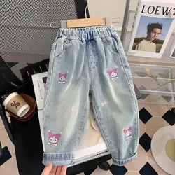 Kawaii Children Kuromi Loose Jeans Girls Boys Kids New Fashion Casual Spring Autumn Trousers Baby Denim Pant Clothing Gifts