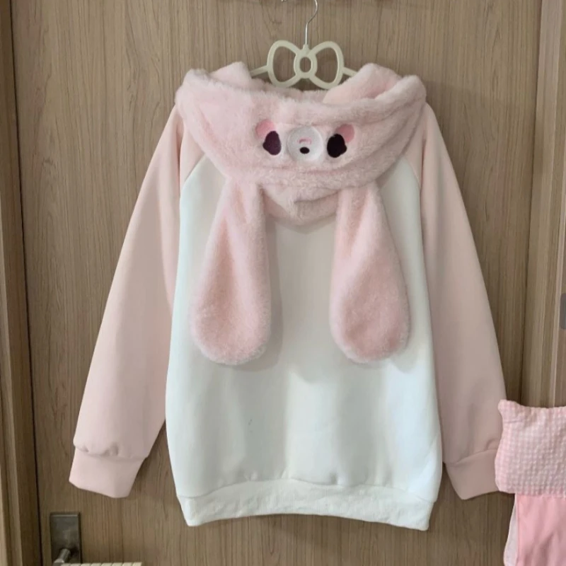 

Весенняя женская толстовка с капюшоном и ушками кролика в стиле каваи, свободного кроя, с кружевными вставками и принтом в горошек, милый и шикарный женский свитшот ​ Одежда