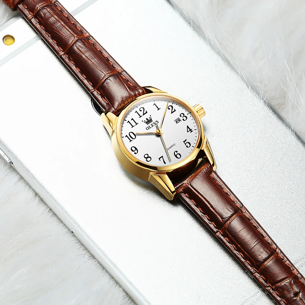 OLEVS New Casual Women Men Arabic numerals Quartz Watches Fashion Dress Brown Leather Couple Wristwatch Waterproof for Lady