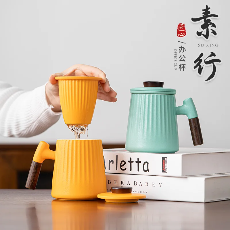 

Vegetarian office cup Ceramic mug with cover filter three-piece tea separation large-capacity drinking cup tea cup