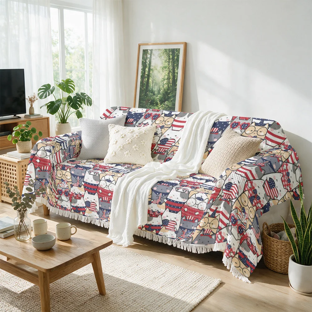 Americana Pattern Throw Blanket Sofa Cover Festive Patriotic Cottagecore Knit Decor Couch Throw Plaid Seating Accent