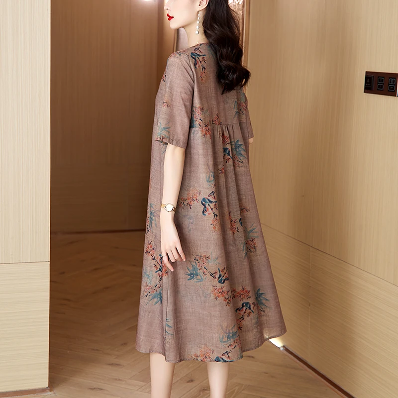 2024 Summer New Ramie Heavy Industry Flower Print Dress Women's V-neck Embroidered Loose Size Slim Knee Length Dress Robe