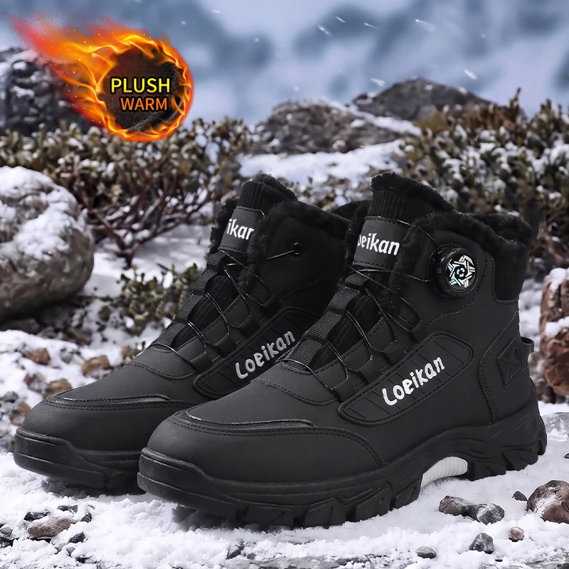 Men Warm Fleece Winter Boots Rotary Buckle High Top Non‑Slip Thick Sole Comfort Shoes For Cold Season Daily City Wear