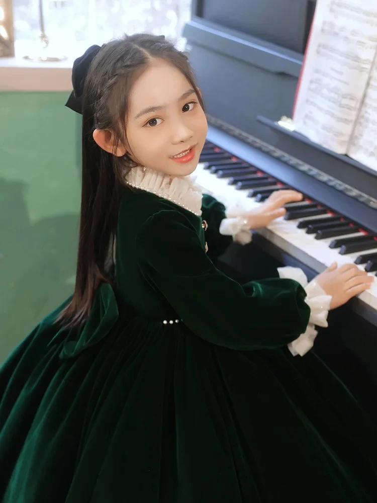 Longue robe de bal princesse en velours vert pour enfant, robes à fleurs pour filles, vêtements de fête de mariage, de remise de diplôme, de noël et de pâques pour enfants