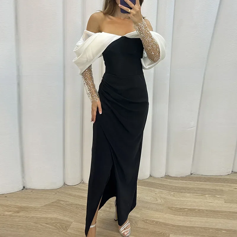 

Fashion Split Slim Draped Party Long Dress Elegant Slash Neck Solid Color Dress Women Contrast Color Short Sleeve Princess Dress