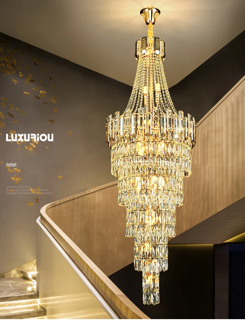 Crystal chandelier long staircase light large living room hotel lobby decoration adjustable height LED light luxury decoration