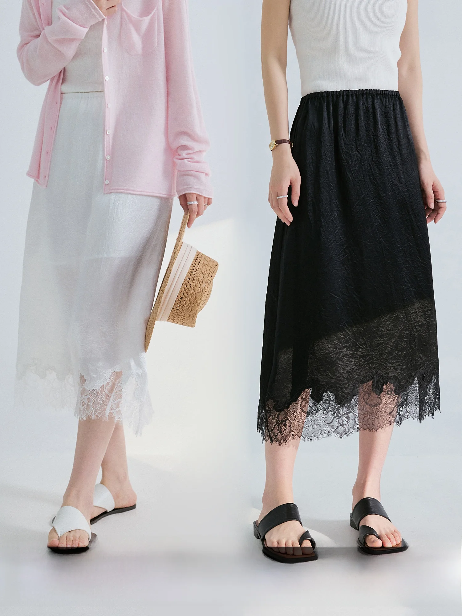 

Элегантная атласная юбка миди с кружевными вставками, не мнущаяся, женская, весна 2026, А-силуэт, французский стиль, стандартный крой