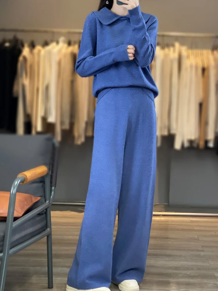 Maglione dolcevita in lana Merino 100% 2 pezzi da donna + pantaloni a gamba larga autunno/inverno Pullover tinta unita pantaloni lavorati a maglia a