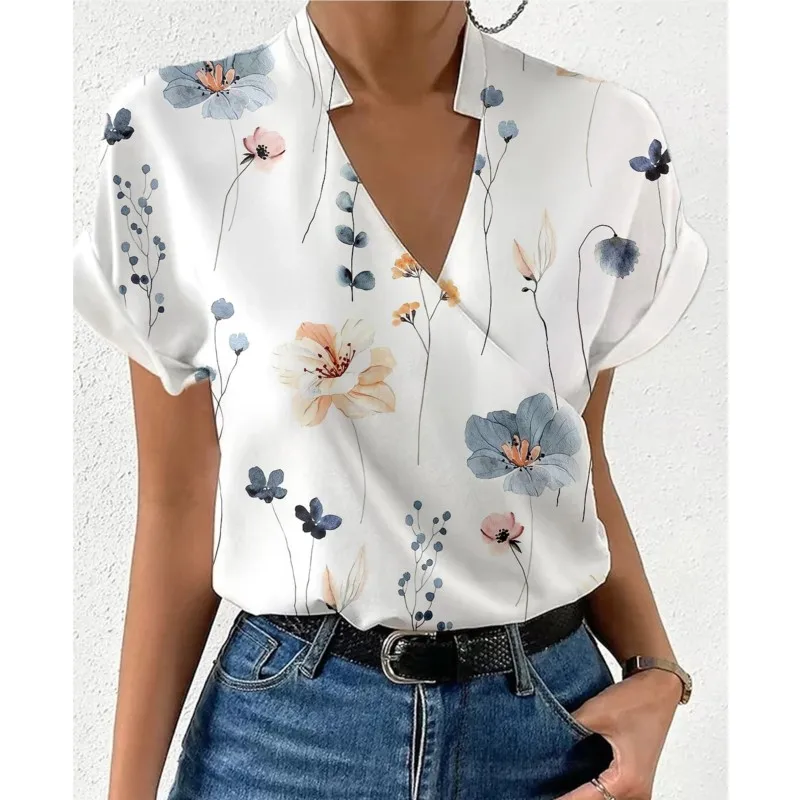 Women Summer Loose V-neck Printed Shirt Office Lady Floral Print Short Sleeve Pullover Blouse Blusas Chemise Femme Chic 2024