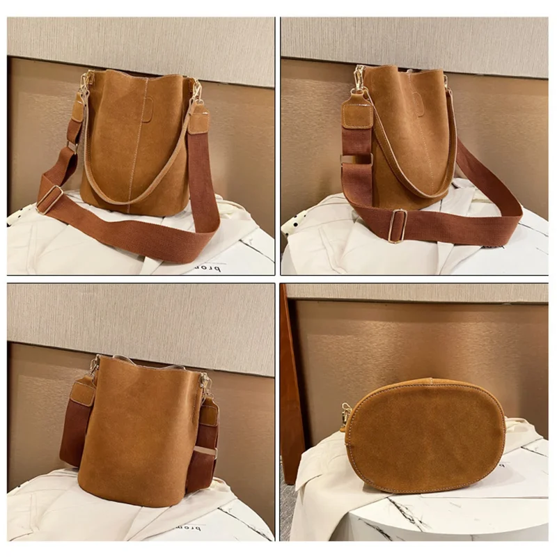Frosted Leather Bucket Bag For Women Vintage Bucket Bag Women Large Capacity Handbag Simple Casual Satchel Bag Adjustable Straps