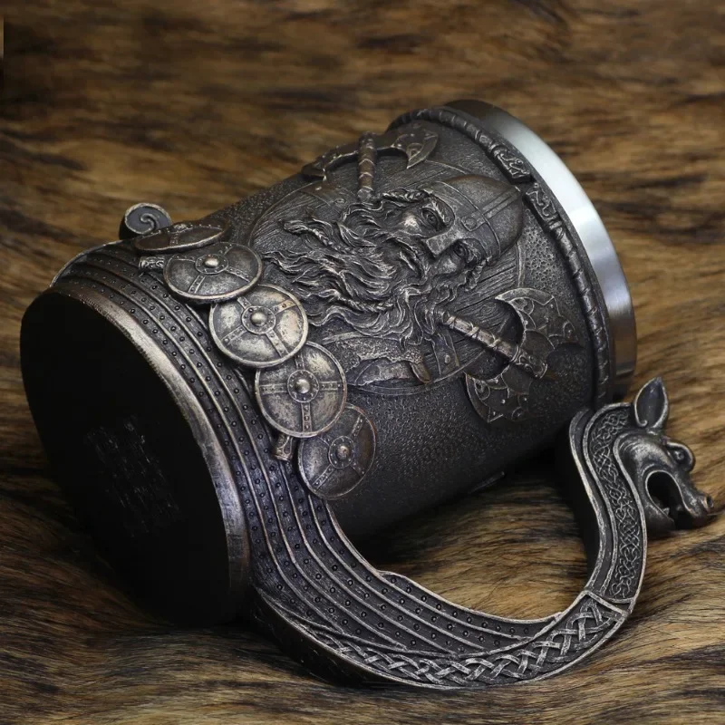 600ml Norse Mythology Beer Mugs World Tree Viking Warrior Oak Barrel Resin Stein Tankard Stainless Steel Water Mug Coffee Cup